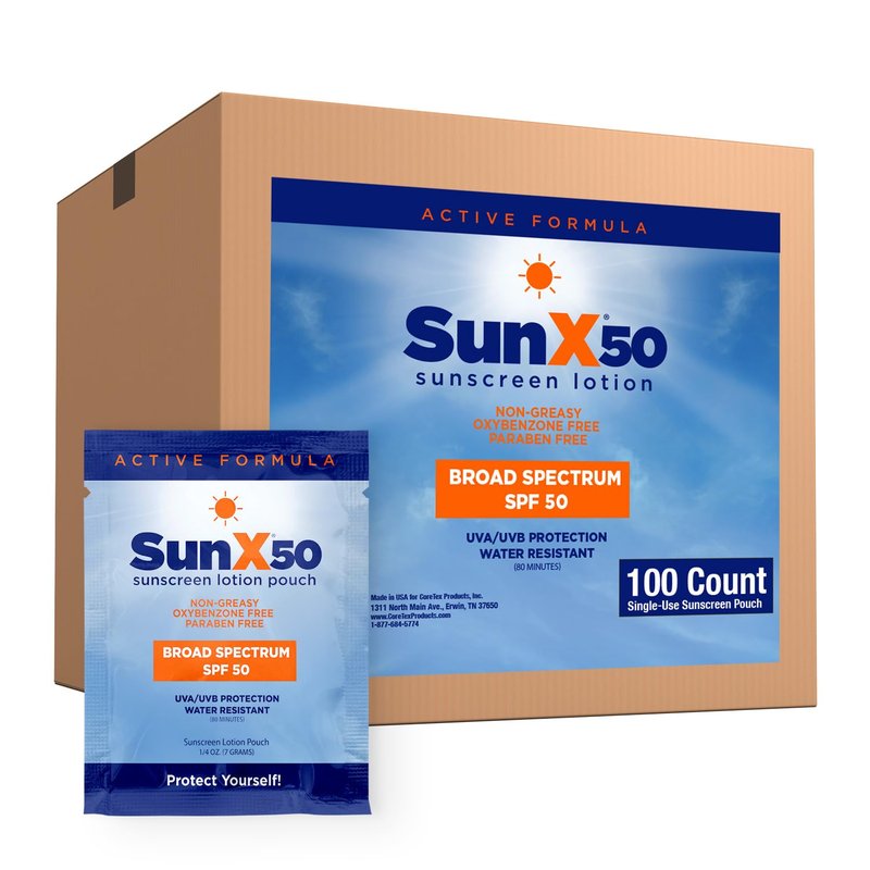 CoreTex Sun X 50 SPF Sunscreen Packets - Bulk Pack of 100 | Paraben-Free, Water-Resistant, No White Cast