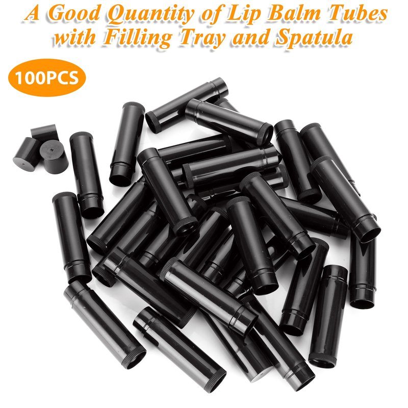 GBACHOOSE 100Pack Plastic Lip Balm Tubes 5ml/5g Black Lip Balm Containers, Chapstick Tubes Empty with Filling Tray and Spatula, Rotating Type Refill Lip with Cap for DIY