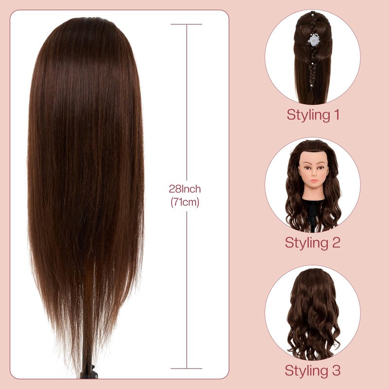 Neverland Beauty & Health 28Inch 60% Real Hair Mannequin Head,Doll Head for Hair Styling Braiding Curling,Cosmetology Mannequin Head with Hair with Table Clamp Hair Styling Set(Dark Brown)