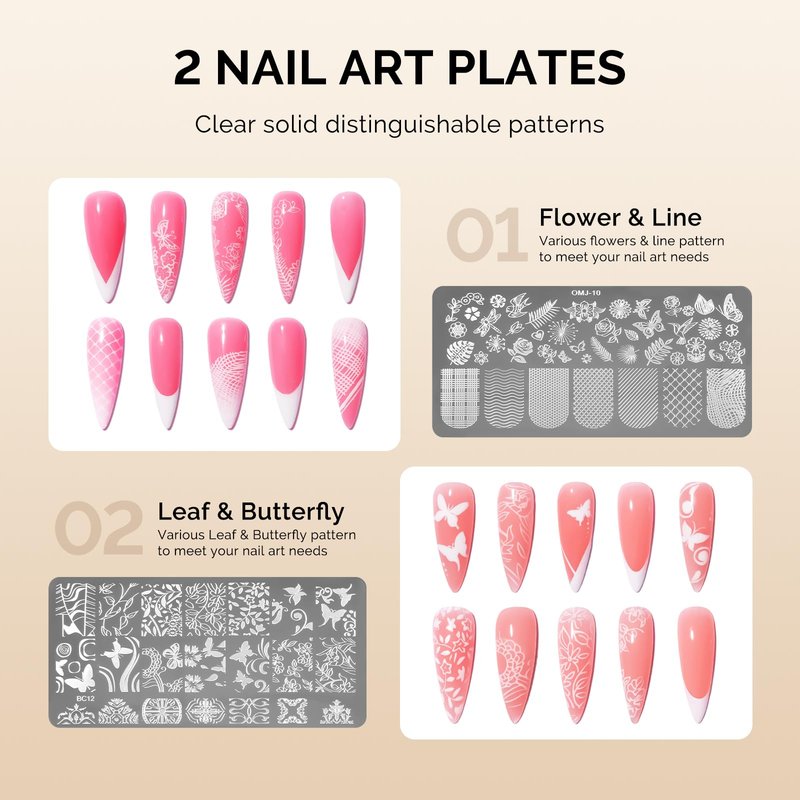 MelodySusie Nail Stamper Kit, Silicone French Tip Stamp Tool, 1PC Stamper, 1PC Scraper, 2PCS Stamping Plates, 2PCS Silicone Replaceable Heads for DIY Home French Manicure & Salon Art, Transparent