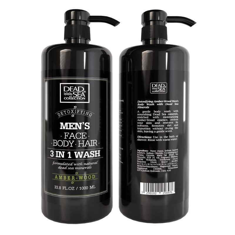 Dead Sea Collection Amber Wood Men’s Body Wash – 3 in 1 Body Wash for Men for Hair, Face & Body – Moisturizing Shower Gel with Dead Sea Minerals – Pack of 2 (33.8 fl oz each)