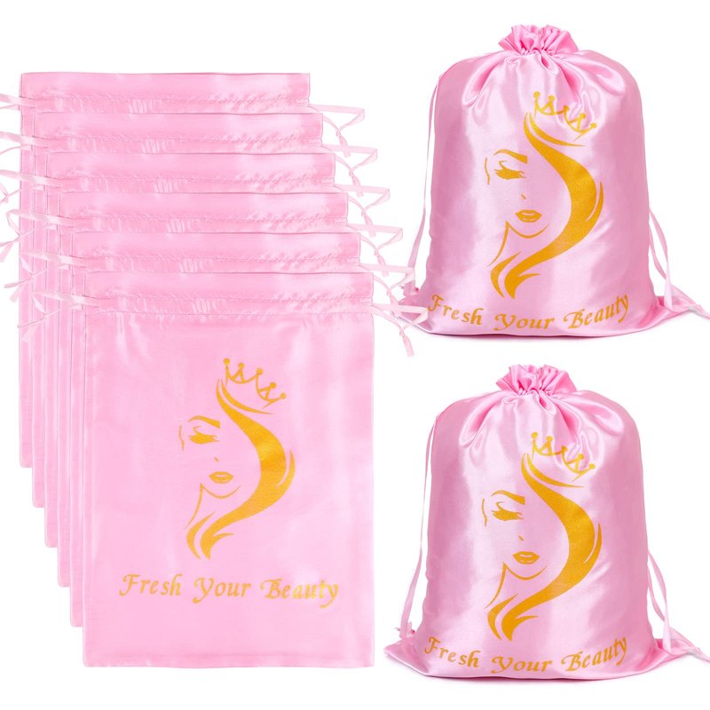 AIHOPESTO 6PCS Satin Storage Pouches for Multiple Hair Pieces - Silk Drawstring Organizers for Bundles, Extensions & Packaging (Pink)
