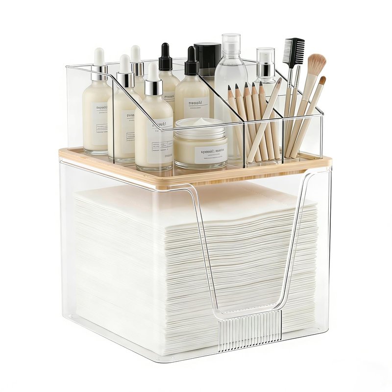 2 in 1 Disposable Facial Towel Holder and Cosmetic Organizer, Clear Storage with Bamboo Lid Compatible with Clean Skin Club Towel XL, Stackable Vanity Organizer for Bathroom Vanity Counter (1 Pack)