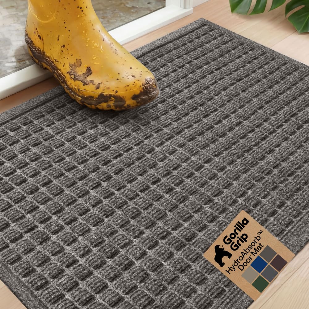 GORILLA GRIP® Ultra Absorbent Front Door Mat Outside Entrance, Traps Dirt and Moisture, HydroABSORB Indoor Outdoor Doormat Holds 1.7 Cups Water, Stain and Fade Resistant Welcome Mat, 29x17 Charcoal
