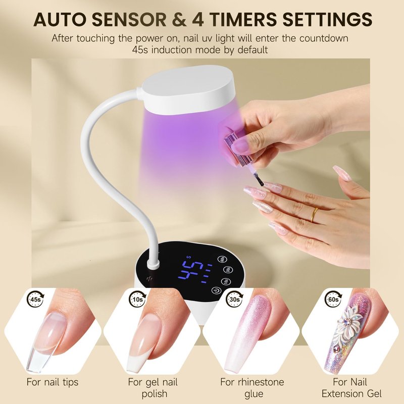 AORAEM UV Nail Lamp - Mini Gooseneck 36W LED Gel Nail Dryer with 4 Timers & Auto Sensor | Quick Dry for Home & Salon Use, White