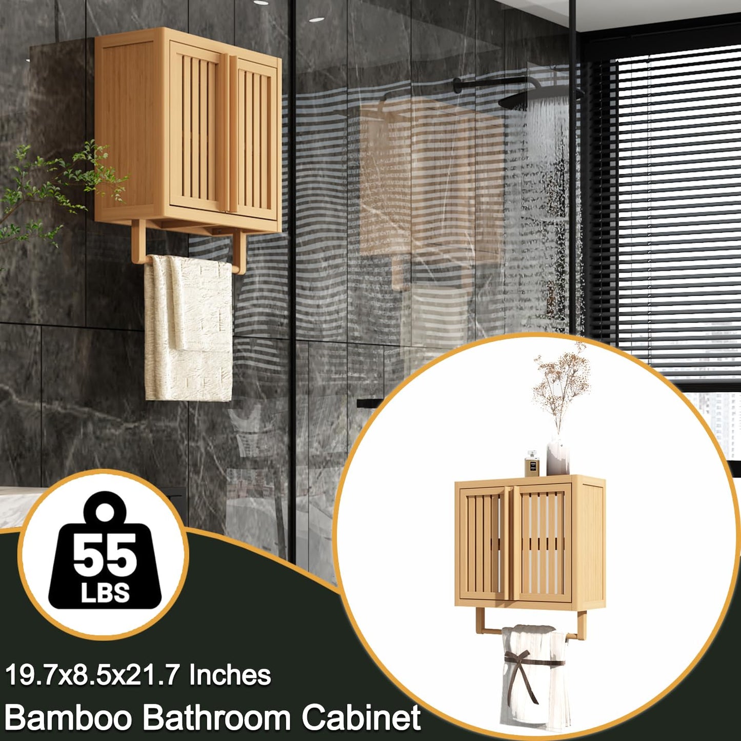 Bathroom Wall Cabinet, Over The Toilet Storage Cabinet with Towel Bar & Adjustable Shelves, Wall Mounted or Standing Bamboo Cabinet for Bathroom, Kitchen, Bedroom, 27.6x9.8x29.9 Inches (Upgraded)