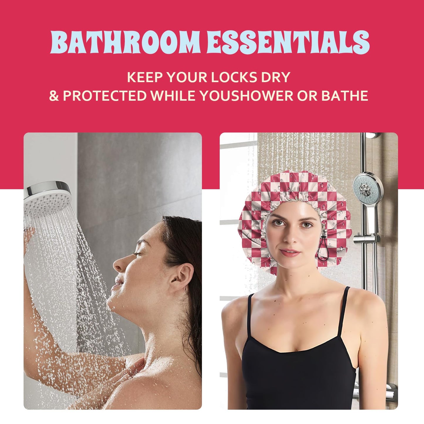 BHAHB Luxury Shower Cap Satin Lined Reusable Waterproof Double Layer Elastic Adjustable Hair Bath Cap Cute Aesthetic Women Girls-Pink Checkered