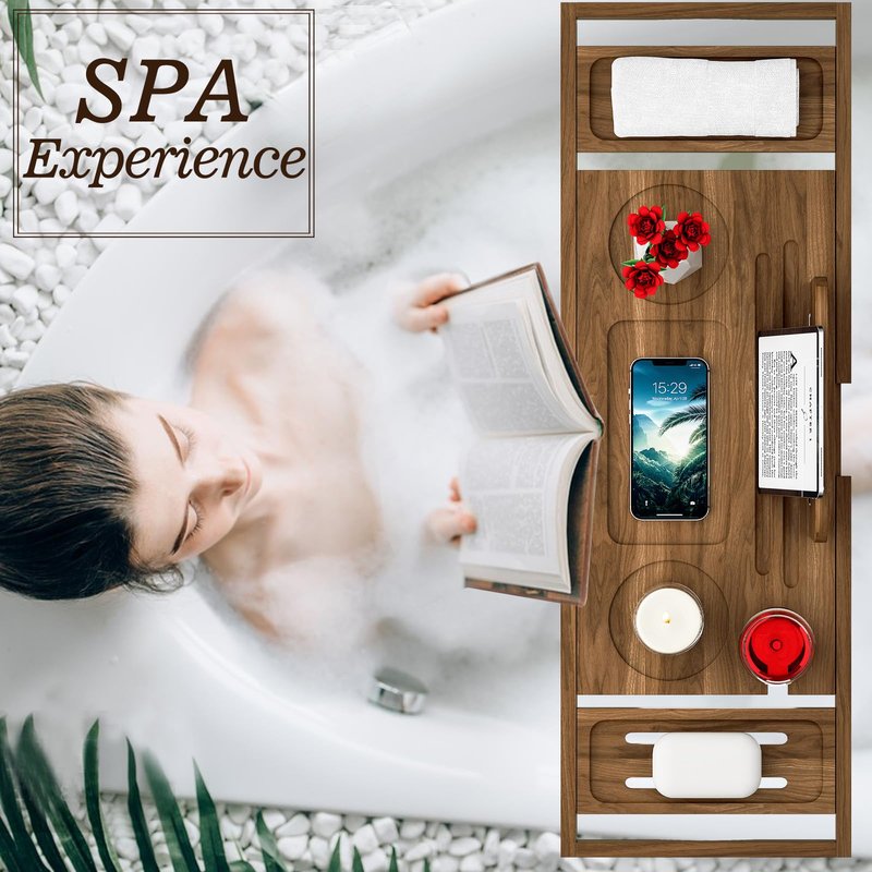 Premium Teak Bathtub Tray Caddy, Expandable Wooden Bath Tray for Bathub, Luxury Bathtub & Bathroom Accessories, Great House Warming, Anniversary & Wedding and Birthday Gifts