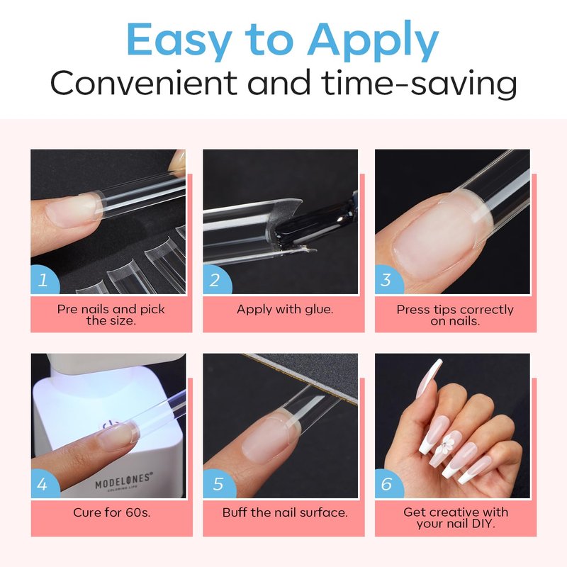 Modelones Medium Almond Gel Nail Tips, 510Pcs Half Cover Fake Press on Nails Tips Pre-Etched Clear Natural Fit Acrylic Gel False Nails for Extension DIY Salon 15Sizes