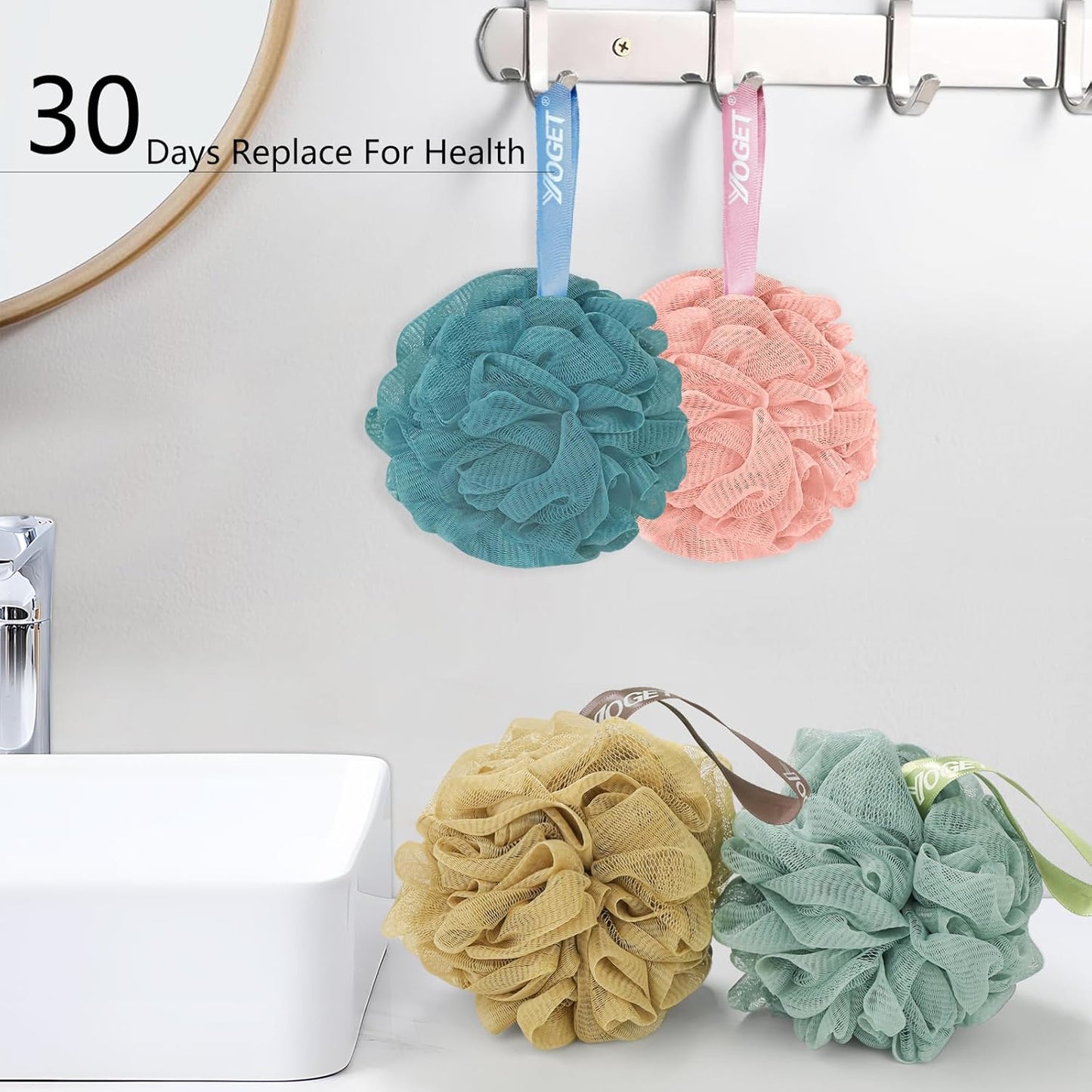 Yoget Shower Loofah Sponges - 4 Pack Exfoliating Bath Sponges for Cleansing & Soothing Skin