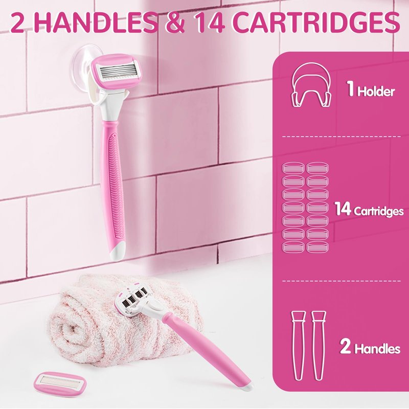 Razors for Women Include 2 Non-Slip Handles and 14 Blade Refills with a Shower Holder, 5 Premium Blades Women's Razors for Shaving with 360° Lubrication Reduces Irritation, Pink