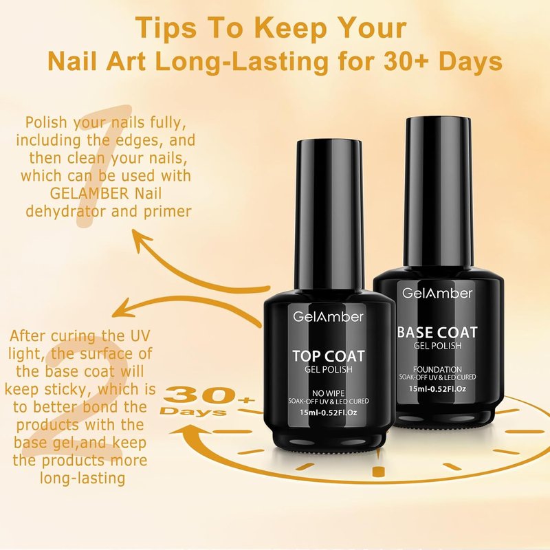 Gel Top Coat & Base Coat Set - 15ml No Wipe Gel Polish Kit for High Gloss Shine | Long-Lasting Nail Art