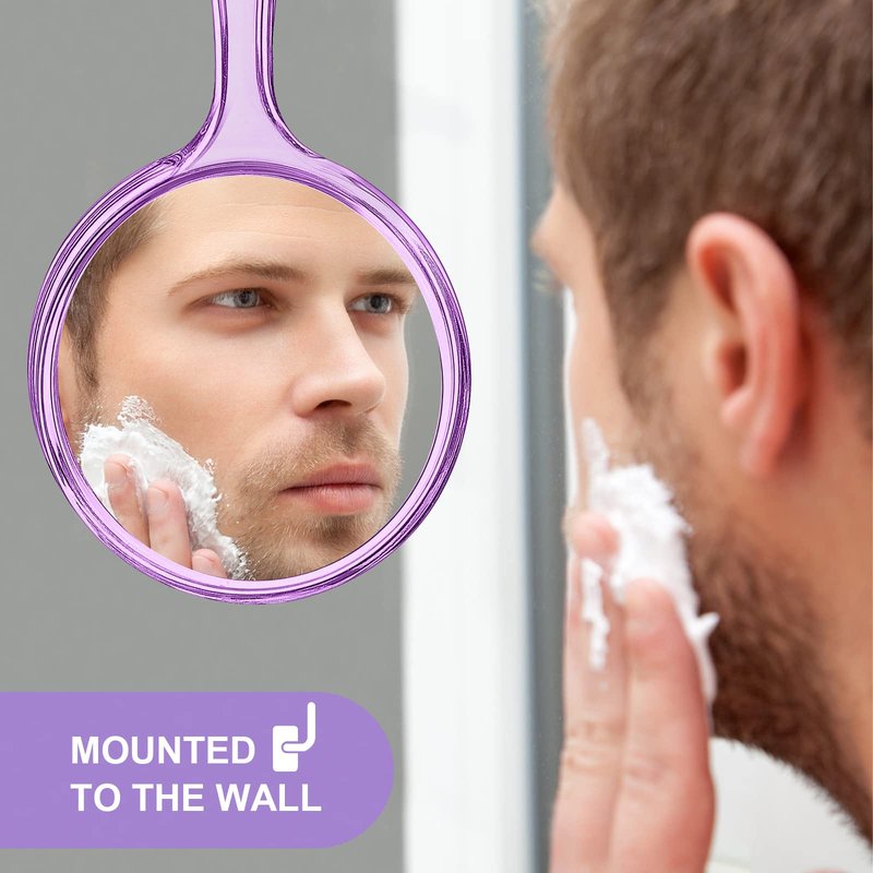 D Hand Mirror with Handle, Handheld Mirror Small Magnifying Mirror 1X 2X Doule Sided Handle Makeup Mirror, Acrylic Handheld Mirror Rounded Shape Purple