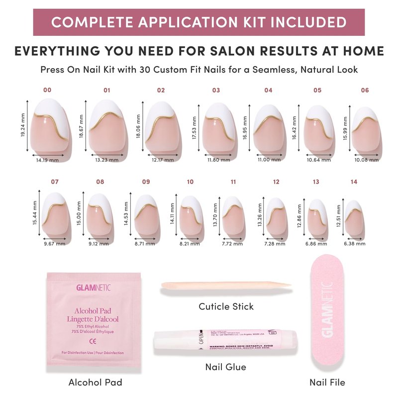 Glamnetic Press On Nails - Short Oval Fake Nails with Abstract White French Tips, Glossy Finish | Salon Quality Vacation Nails | French Muse | 15 Sizes - 30 Nail Kit with Glue