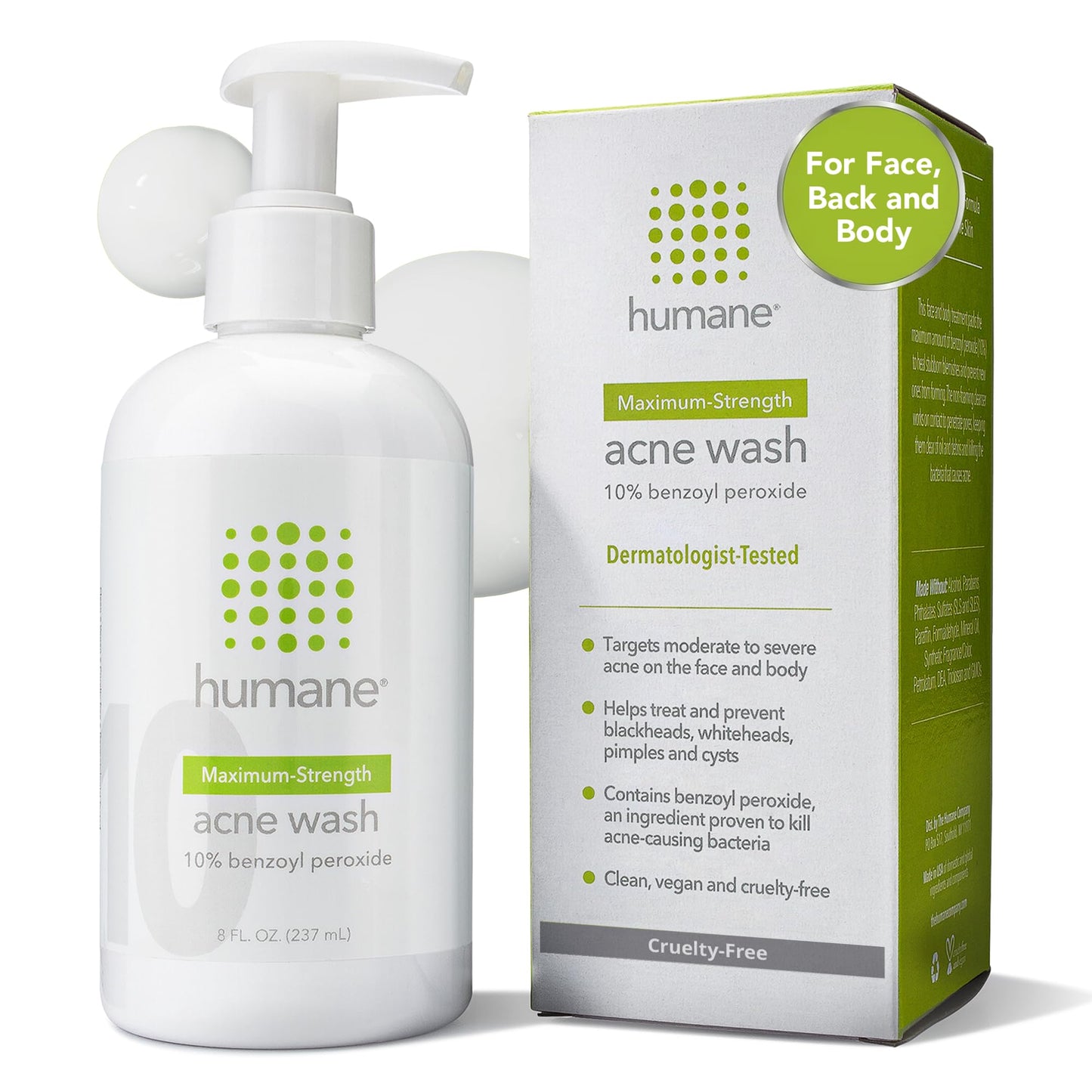 humane Benzoyl Peroxide Acne Body Wash - 10% Maximum-Strength Face, Skin, Butt, and Back Acne Treatment - 8 Fl Oz - Dermatologist-Tested Non-Foaming Acne Face Wash Cleanser - Vegan, Cruelty-Free