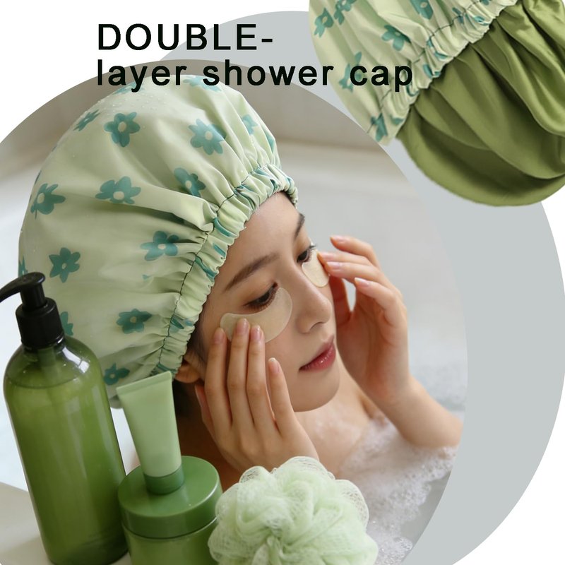 2Pcs Genergy Luxury Satin lined Shower Cap With Scrunchy and Packing Bag Waterproof Baths Cap For All Hair Lengths Frizz Free Reusable Adjustable Large Double Layers Cap for Women Shower Spa Travel