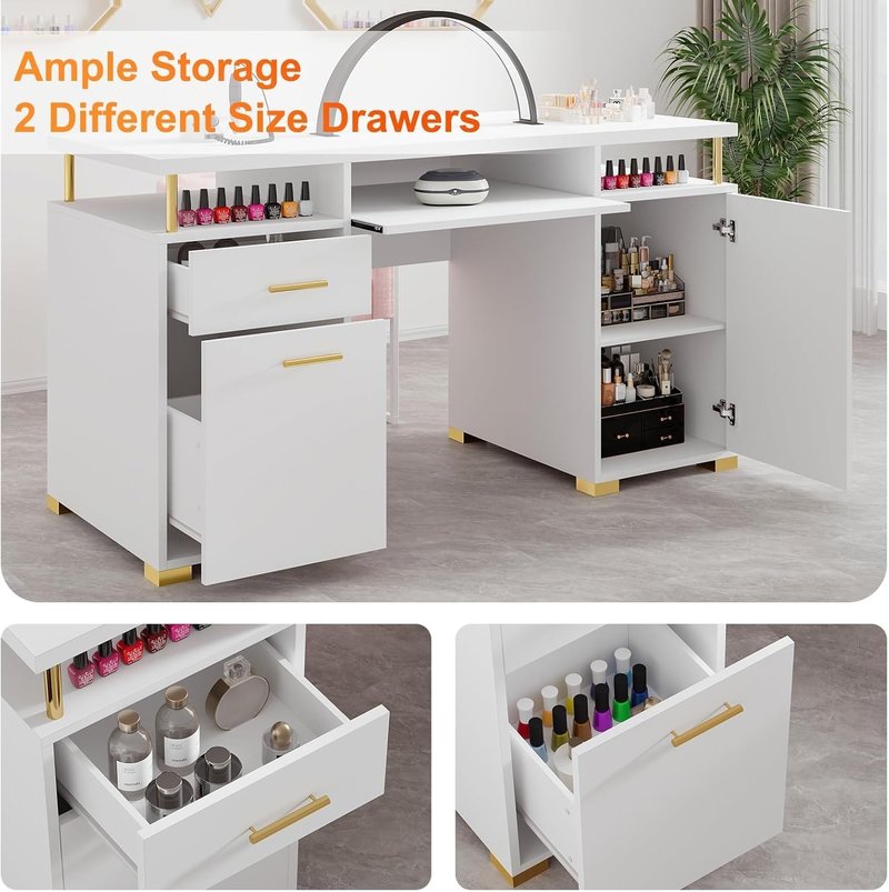 MaverickFurni White Nail Desk for Nail Tech, Manicure Table with 2 Drawers and Cabinet, 55 Inch Nail Table with Adjustable Shelf, Manicure Table Nail Station, White and Gold