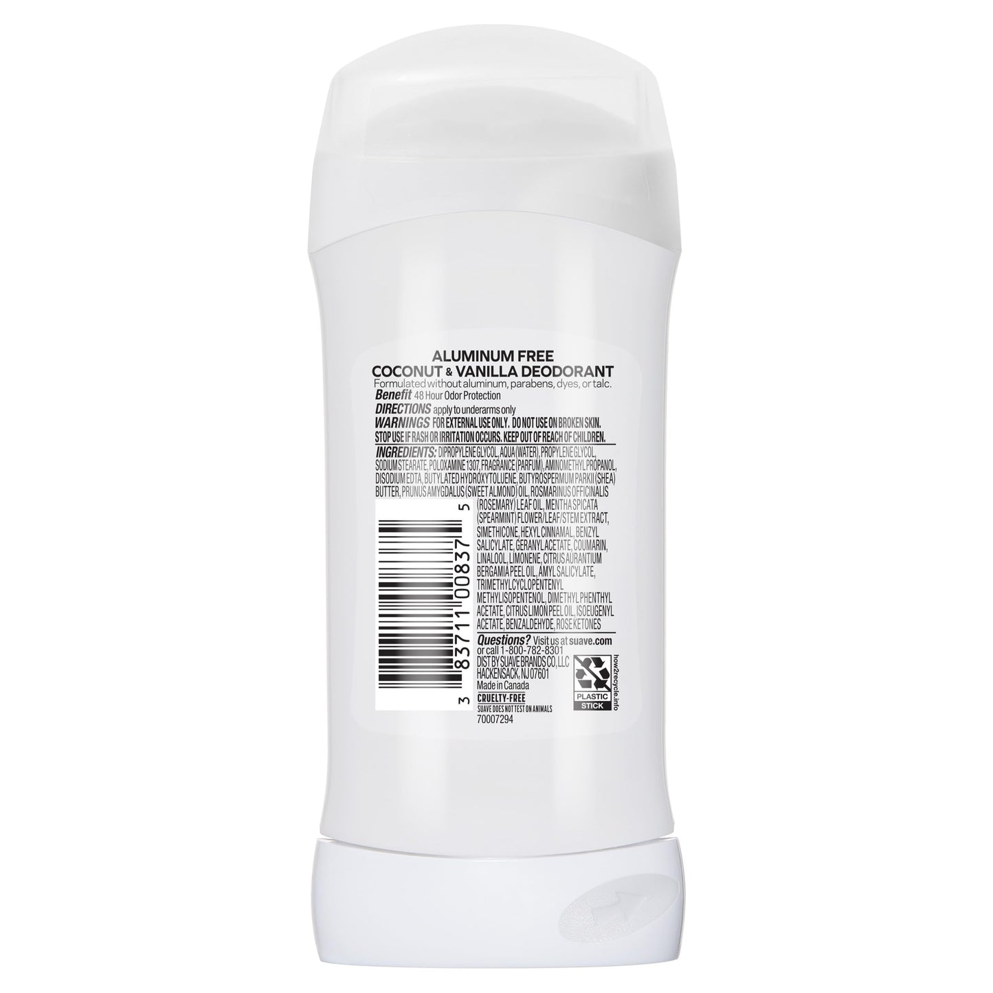 Suave Aluminum-Free Coconut & Vanilla Deodorant Stick for Women, 48HR Odor Protection, No Parabens, Dyes or Talc, 2.6 oz, (Pack of 12)