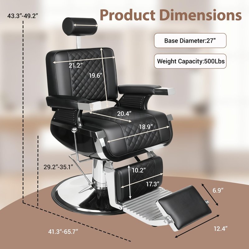 Reclining Barber Chair, Heavy Duty Barber Chair for Barbershop, Hydraulic Barber Salon Chairs, Eisenhower Diamond Stitch PU Leather, Adjustable Headrest & Footrest, 360° Swivel, Black and Silver