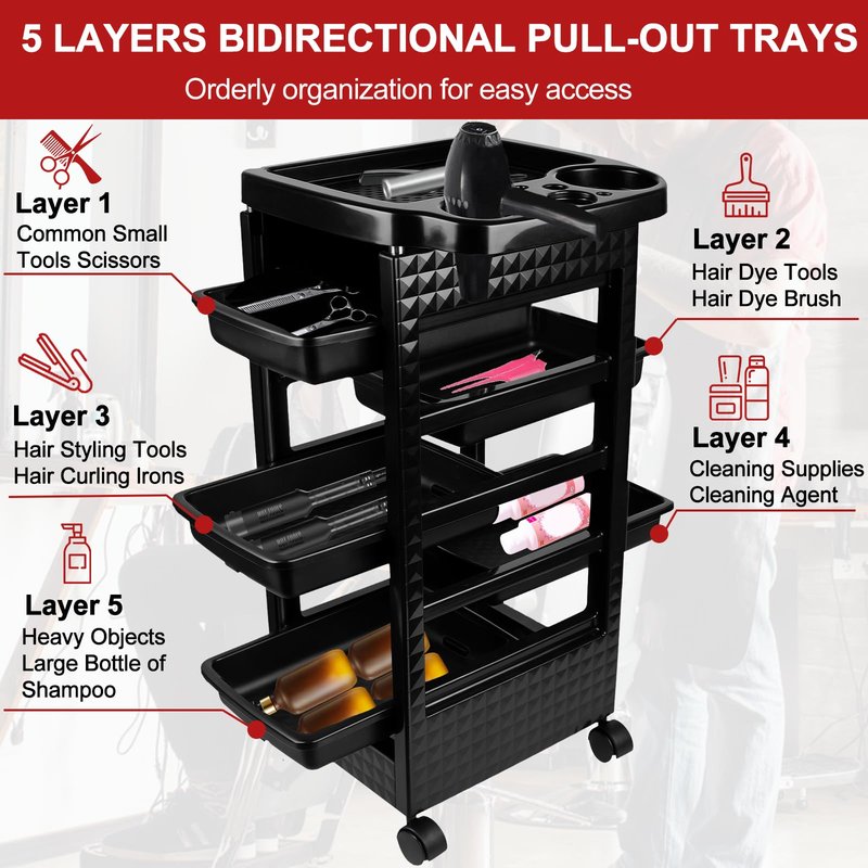 Roixeeds Salon Trolley Cart with Wheels and 5 Drawers, Salon Rolling Cart for Hair Stylist