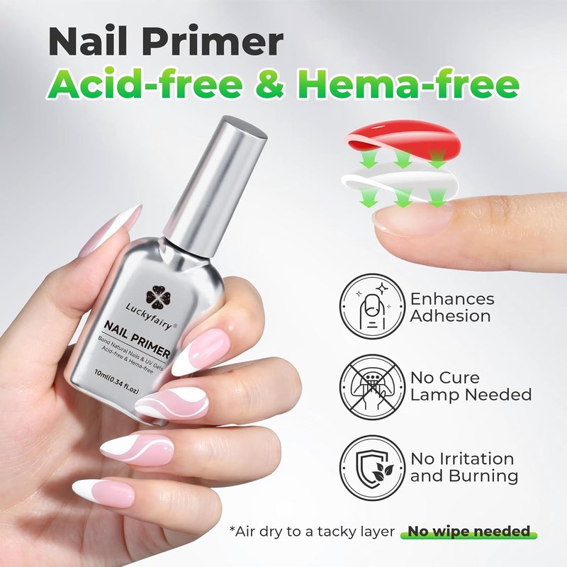 Luckyfairy Nail Dehydrator and Primer, Acid-Free & HEMA-Free Nail Prep Kit for Gel Nails & Press ons, No Lift Primer, Strong Adhesion Bond, No Lamp Needed