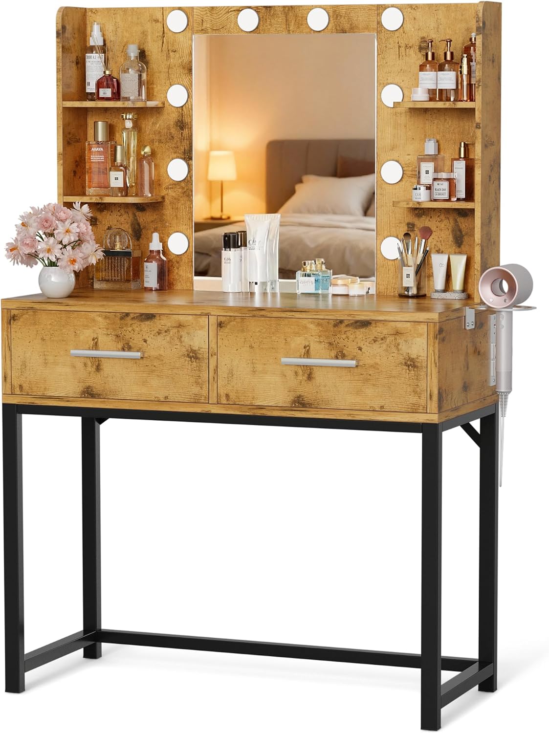 YESHOMY Vanity Desk with Mirror - Makeup Table with 2 Large Drawers & Power Outlet | Rustic Brown & Black