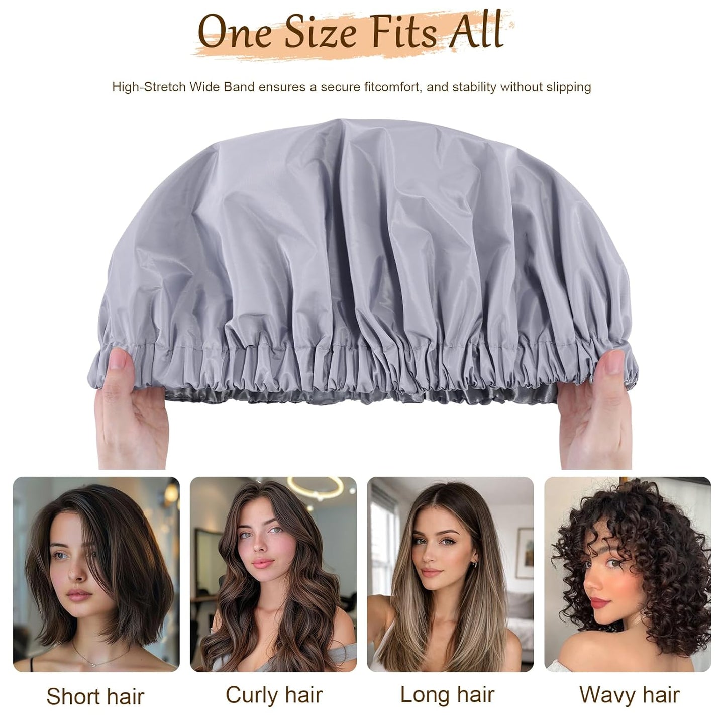 Skiennix Reusable Waterproof Shower Cap - Satin Lined with Soft Elastic Band | Large Grey Bath Cap