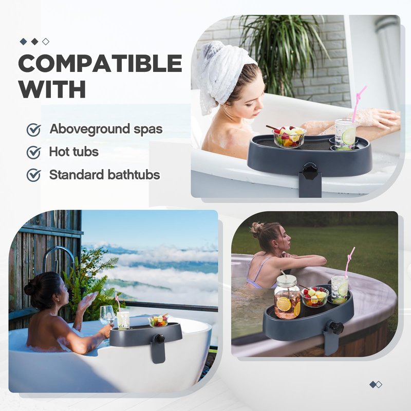 Geelin 2 Pcs Hot Tub Table Tray, Adjustable Aboveground Bathtub Tray with 2 Cup Holder, Between 2'' to 7.5'' Nonslip Hot Tub Accessories Shelf Drinks Snacks Phone Holder for Spa Bathtub (Dark Gray)
