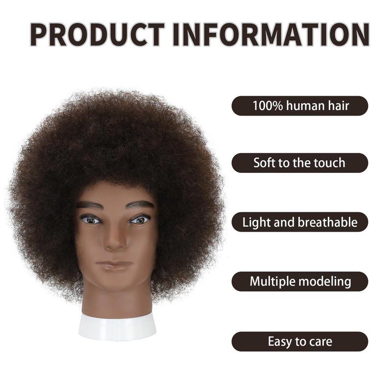 Sirydtm Male Afro Kinky Curly Mannequin Head - 100% Human Hair Mannequin Head Men's Training Barber Mannequin Head with Stand for Salon Braiding, Styling, Cutting, Coloring & Updos（WHBZT1B#）