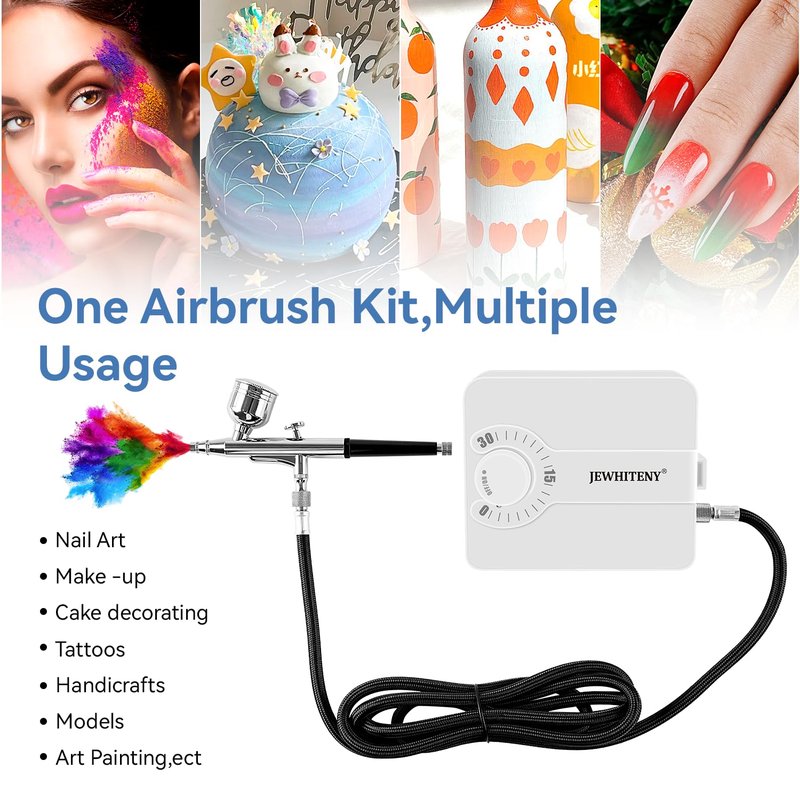 JEWHITENY Professional Airbrush Kit - Multifunctional Nail Airbrush Machine with 0.2/0.3/0.5mm Nozzles for DIY & Salon Use