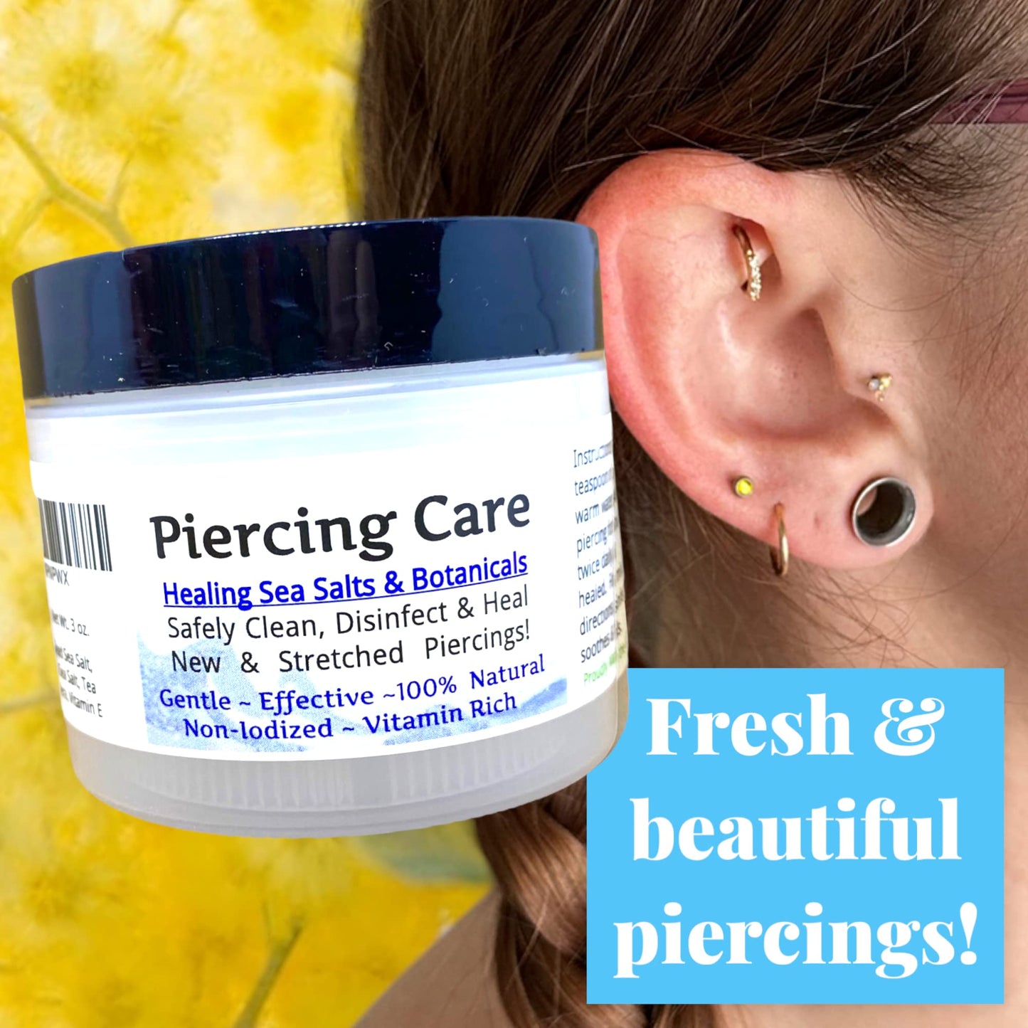 Urban ReLeaf Piercing Care Set of 2 ! Healing Sea Salts, Botanical AFTERCARE ! Safely Clean, Heal New Stretched Piercings. Gentle Effective Non-iodized. Vitamin Rich. Dead Sea Salt & Botanicals