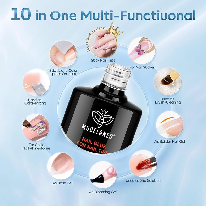 Modelones 10-in-1 Nail Gel Glue - Hema-Free Base Coat for Acrylic Tips | 15ml, Perfect for Rhinestones & Blooming Art