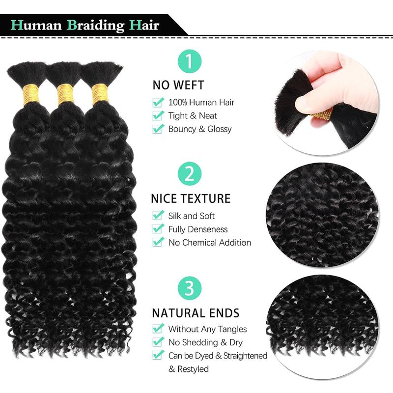 16 Inch Water Wave Human Hair Extensions - Boho Braids, 110g Knotless, 100% Virgin Natural Black | 3 Bundles