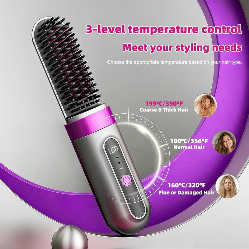 Cordless Hair Straightener Brush - Fast-Heating Portable Styling Tool with 3 Temperature Settings | Travel-Friendly Design