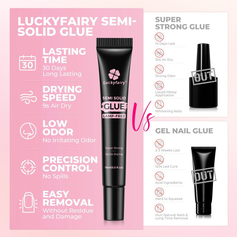Luckyfairy Super Strong Nail Glue for Press Ons 15g (2pcs) : 4-in-1 Quick Air Dry, No Lamp Needed, Long Lasting, Semi Solid Soft Gel Nail Glue for Acrylic Nails Tips