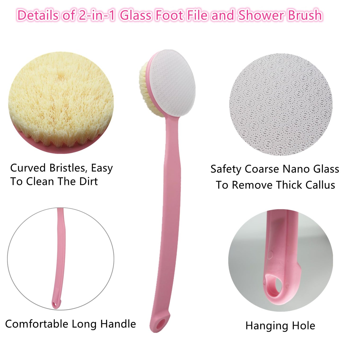 YIOYOODA Nano Glass Foot File Callus Remover, 13.7" Long Handle Foot Scrubber Brush, 2-in-1 Pedicure Tool Hard & Dead Skin Remover, Back Scrubber Body Brush for Shower Deep Cleansing Exfoliating, Pink