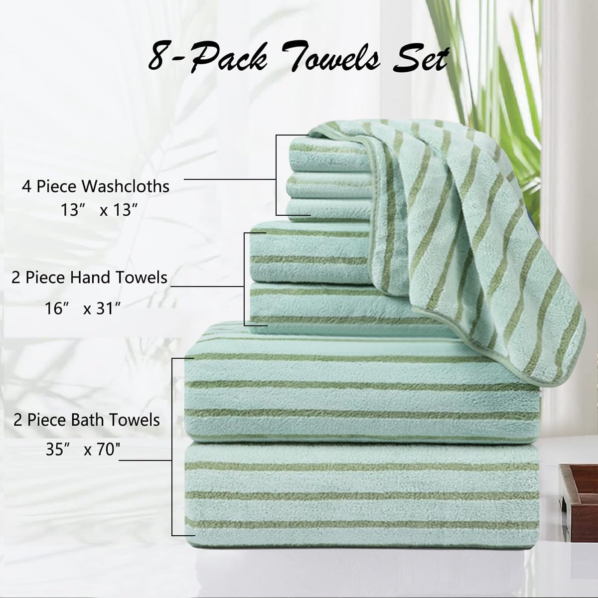 Oliven 8 Pcs Green Cabana Stripe Large Bath Towel Set Oversized Bath Sheet-2 Bathroom Towels,2 Hand Towels,4 Washcloths Soft Jumbo Absorbent Shower Towel Quick Dry Beach Chair Spa Gym Hotel Towel