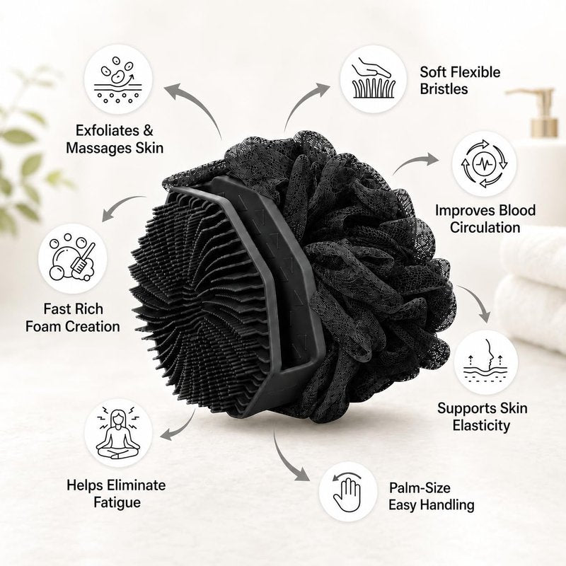 2-in-1 Silicone Body Scrubber & Mesh Loofah Sponge – Exfoliating Silicone Shower Scrubber with Soft Loofa Puff, Bristles, Non-Slip Grip, Quick Dry, Hygienic Body Scrubber for Women & Men