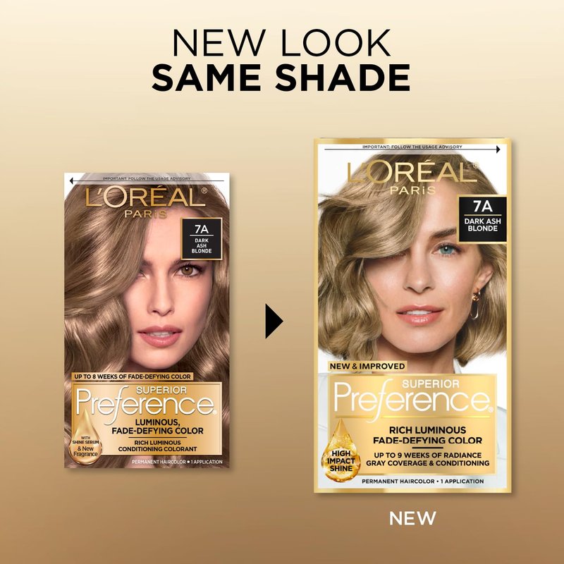 L'Oreal Paris Superior Preference Luminous Fade-Defying Permanent Hair Color, Hair Dye For Up to 9 Weeks of Radiance, Dark Ash Blonde 7A, 1 Hair Dye Kit