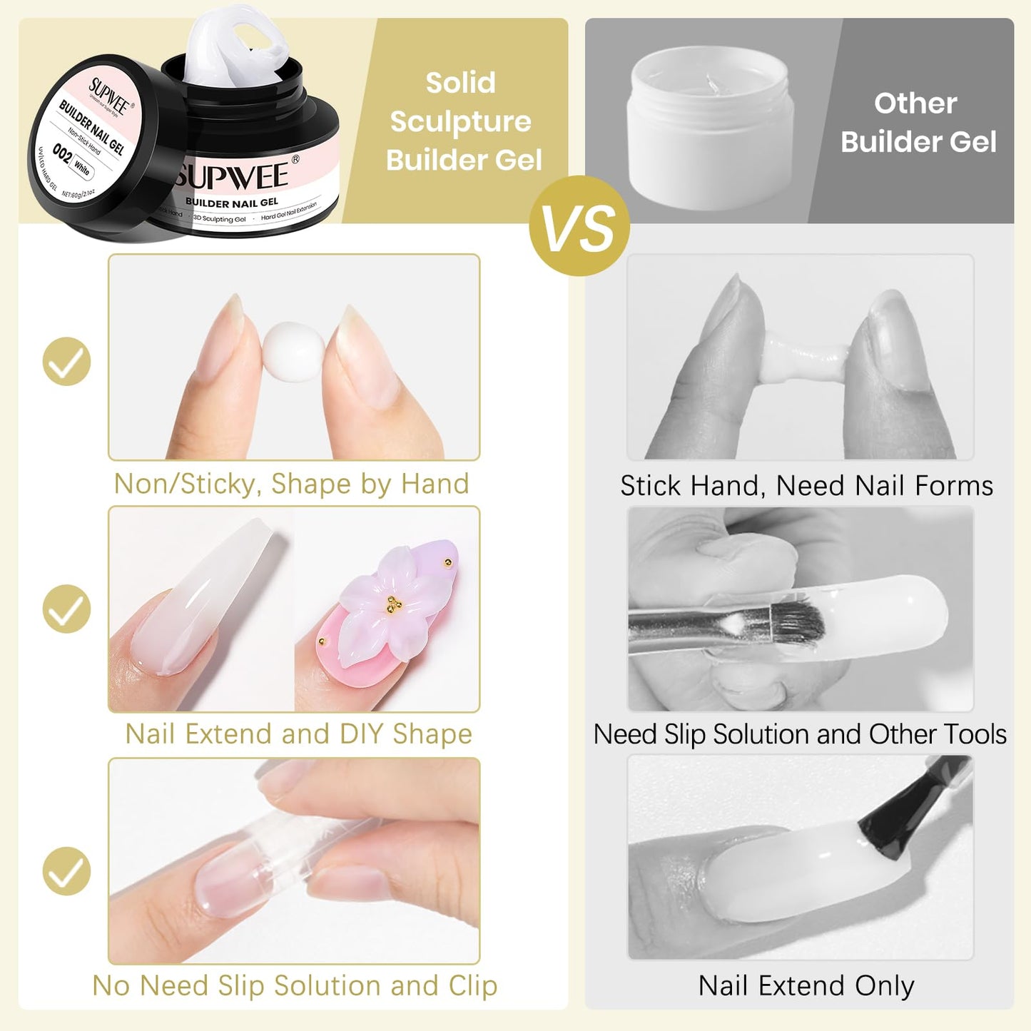 SUPWEE 3D Gel Nail Art, 60g Large Capacity White Sculpting Hard Solid Builder Gel Non-Sticky Hand Molding Nails for Extension Carving Home DIY Manicure with Chrome Powder DIY at home