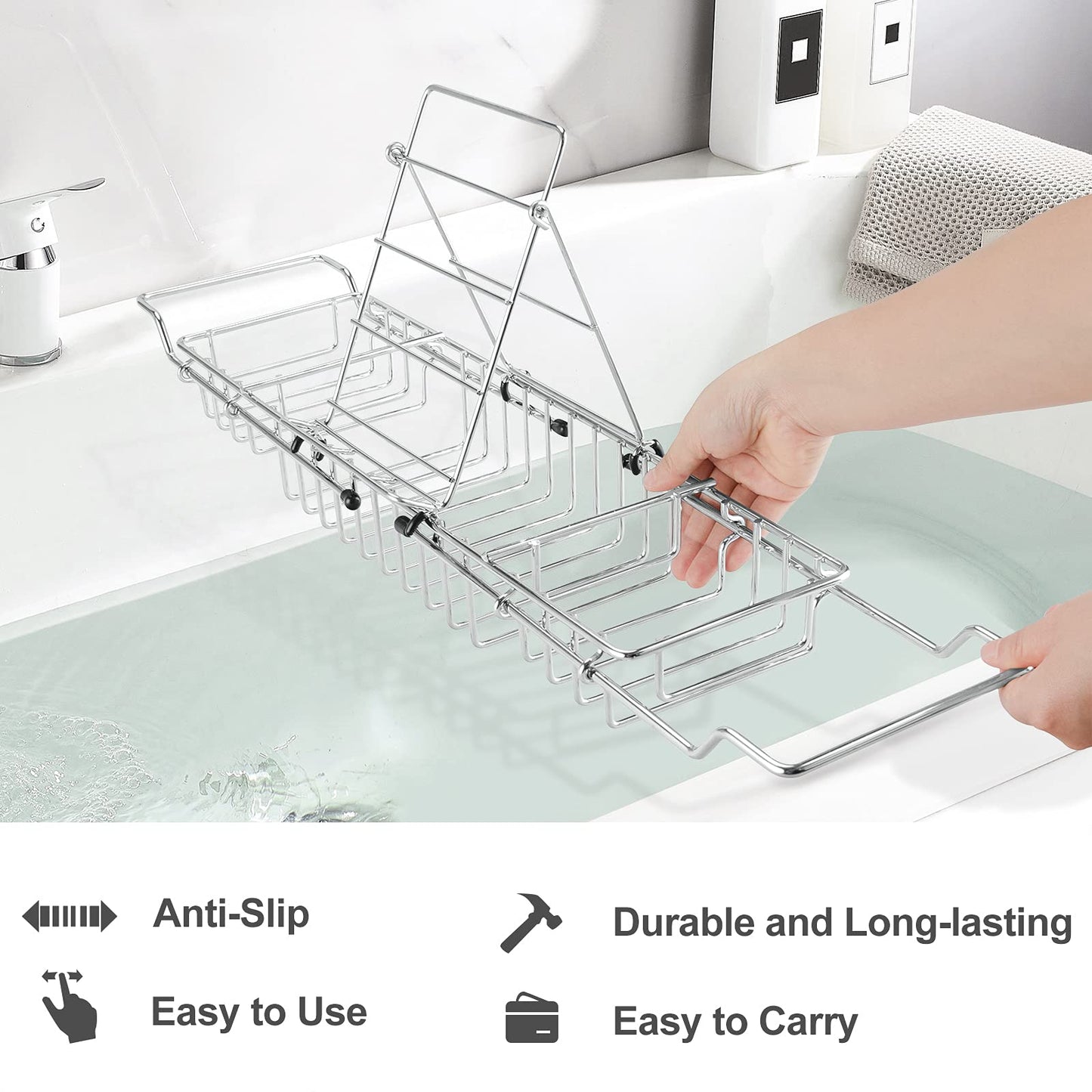 HOMEE Stainless Steel Shower Caddy Tray with Removable Book Holder, European Style Extendable Rectangular Bathroom Tray for Shower Bath Phone IPad Book Holder Candleholder Table Shelf - Silver