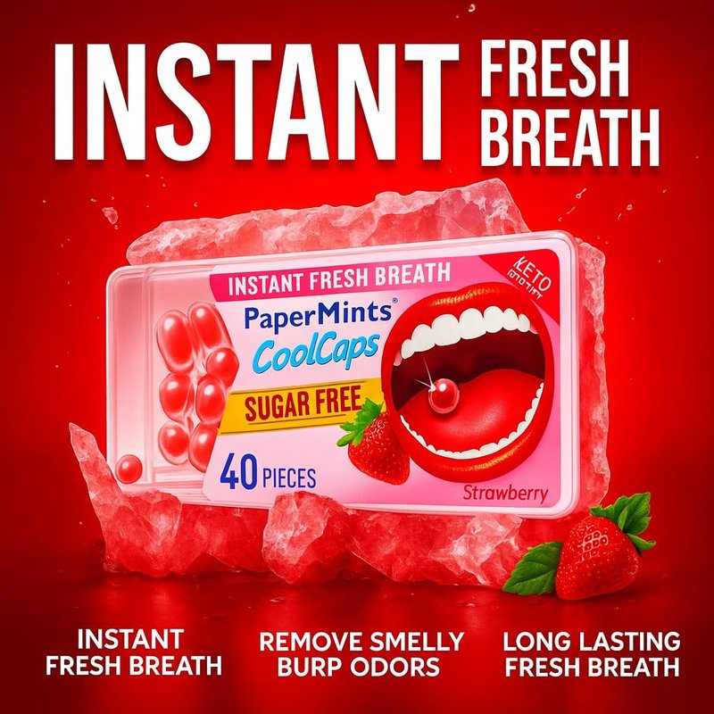 Papermints CoolCaps Breath Mints Sugar Free for Bad Breath Strawberry 24 pack – 960 mints. Extreme bad breath treatment for adults. Breath Freshener Sugar Free Mints.