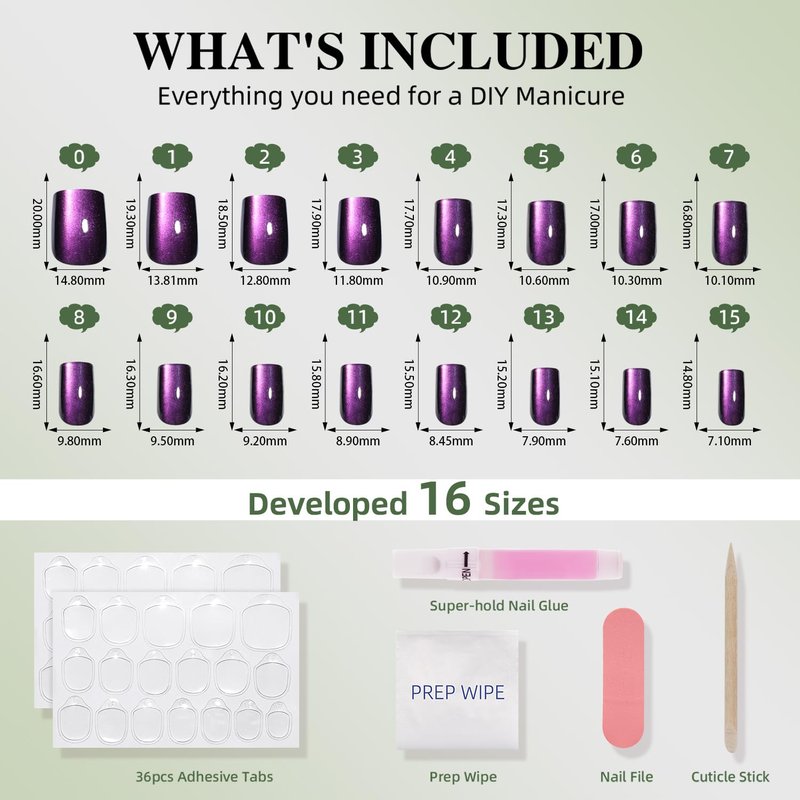 Purple Cat Eye Press On Nails Square - Dark Purple Short Square Fake Nails, Short Cateye Press On Nails Reusable Stick On Nails in 16 Sizes, 32pcs False Nail Kit for Women & Girls(Silent Amethyst)