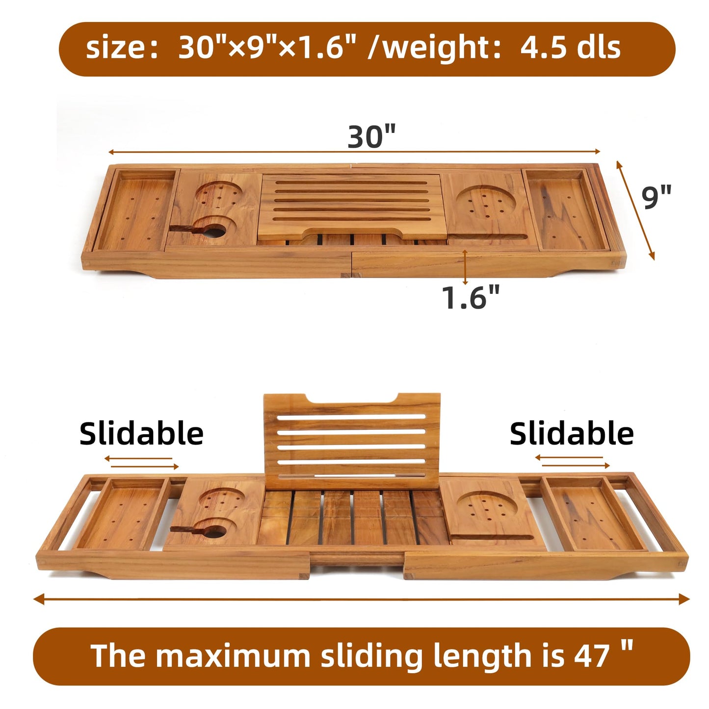 Boflay Expandable Teak Bathtub Tray - Luxury Wooden Bath Caddy & Tub Shelf, Over-The-Tub Bath Table with Book & Wine Glass Holder, Waterproof Bathroom Organizer for Spa Experience