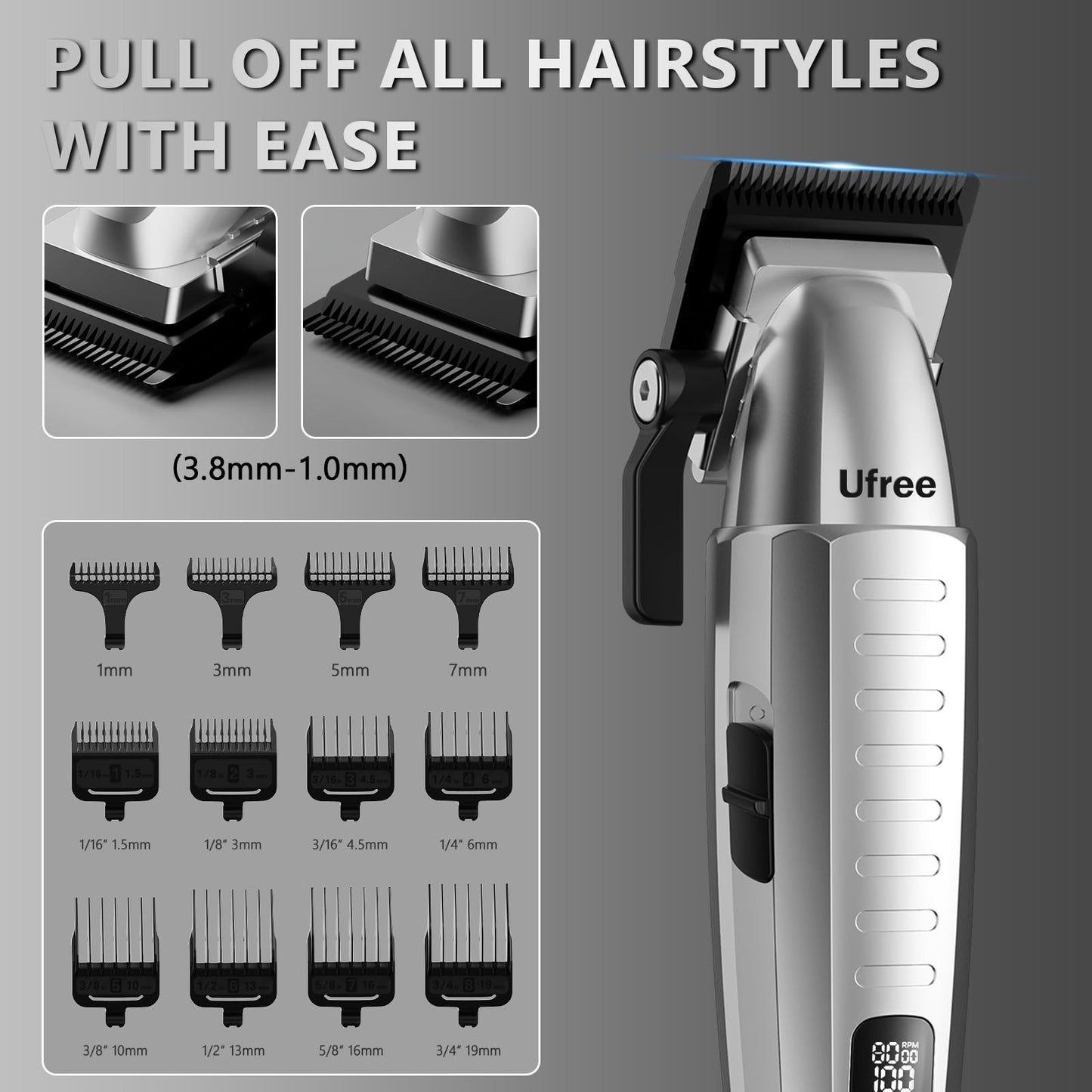 Ufree Professional Hair Clippers for Men with Bag, Mens Clippers and Trimmers Set, Barber Clippers Set, Electric Beard Trimmer, Gifts for Men, Silver