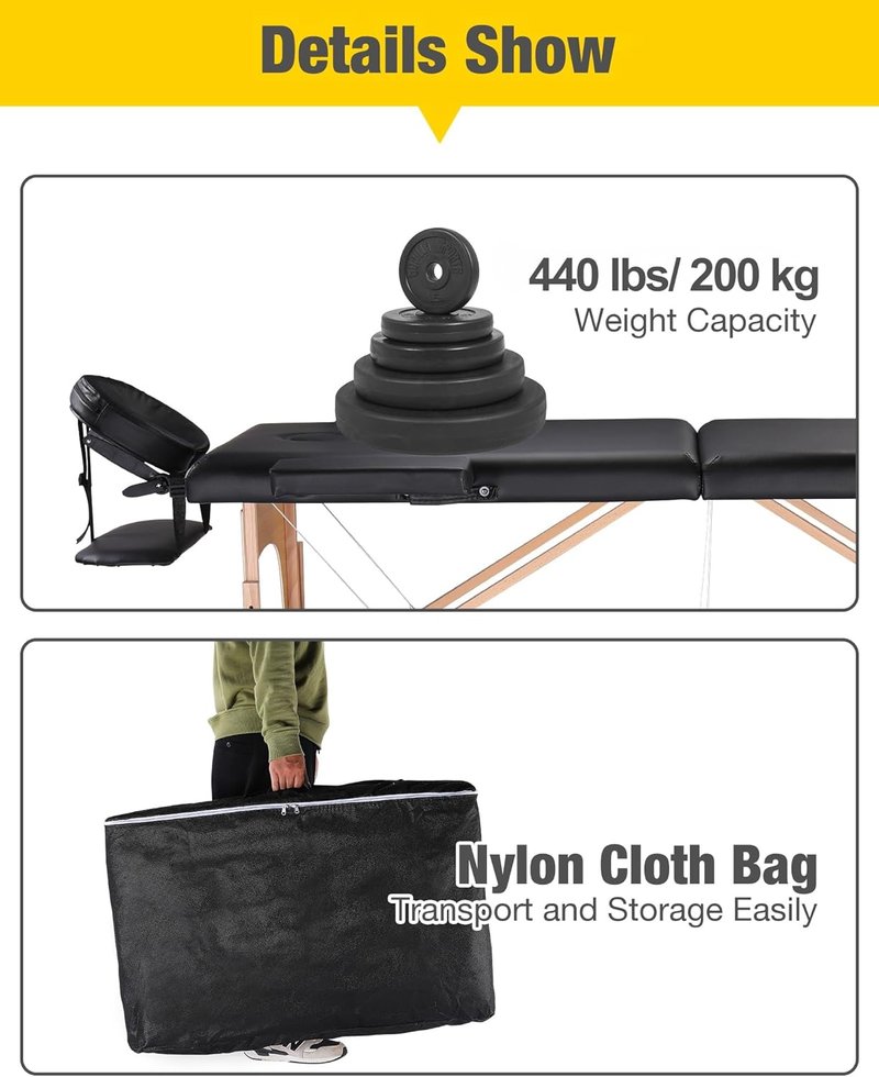 Portable Massage Table - Professional Spa & Salon Bed | Adjustable Height, 84" Long, 500 LBS Capacity, Black