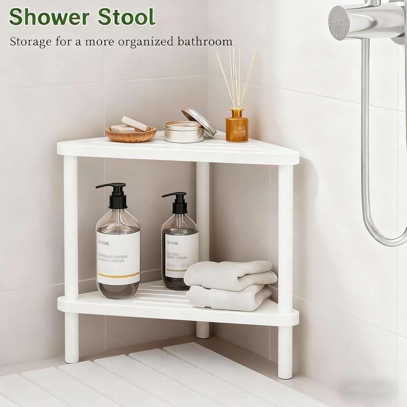 Bamboo Corner Shower Stool - Waterproof Shower Stool for Inside Shower, Shaving Legs & Small Spaces, 2-Tier Shower Foot Rest with Storage Shelf, Bath Seat & Corner Bench for Woman, Mom, Spa - White