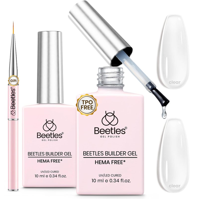 Beetles Builder Gel for Nails 2Pcs, 7 in 1 Clear Building Gel Set HEMA-FREE & TPO FREE with Nail Brush, for Strengthening Natural Nail Apex & Extension DIY Salon at Home,UV LED Lamp Cured