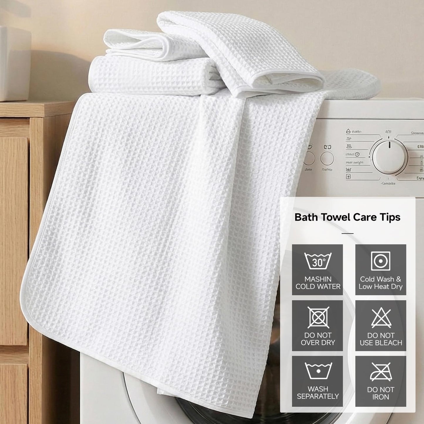 REDKISS Soft 8 Piece Waffle Towel Set, Microfiber, Lighter Weight, Absorbent, Quick Dry, Lint Free Bath Towels for Bathroom, Spa & Hotel – 2 Bath, 2 Hand, 4 Washcloths, White