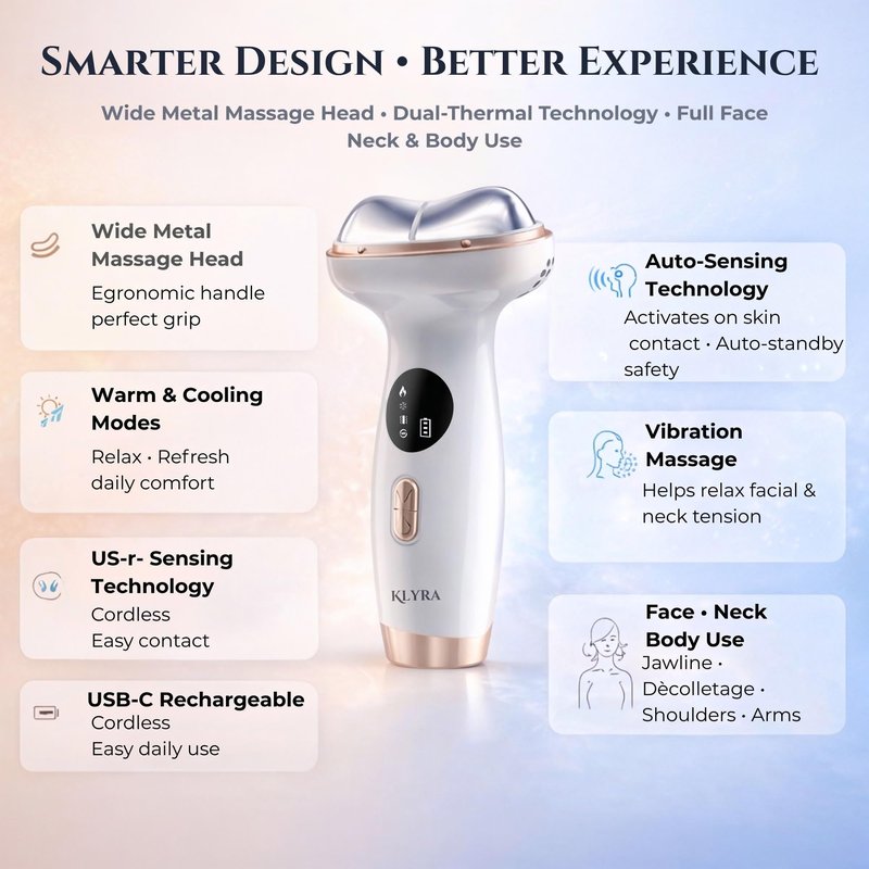 KLYRA Hot & Cold LED Red Light Therapy Face & Neck Massager- 7-in-1 Electric Gua Sha Facial Device with Microcurrent EMS, Vibration & Skin Tightening Tool for Anti-Aging, Firming & Fine Lines